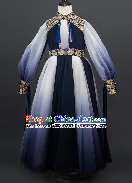 China Stage Performance Clothing Classical Dance Garment Costume Children Catwalks Uniforms Girl Navy Veil Dress