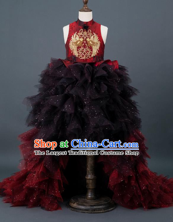 Professional Children Catwalks Red Veil Trailing Full Dress Girl Dance Garment Costume Stage Show Clothing Baroque Princess Fashion