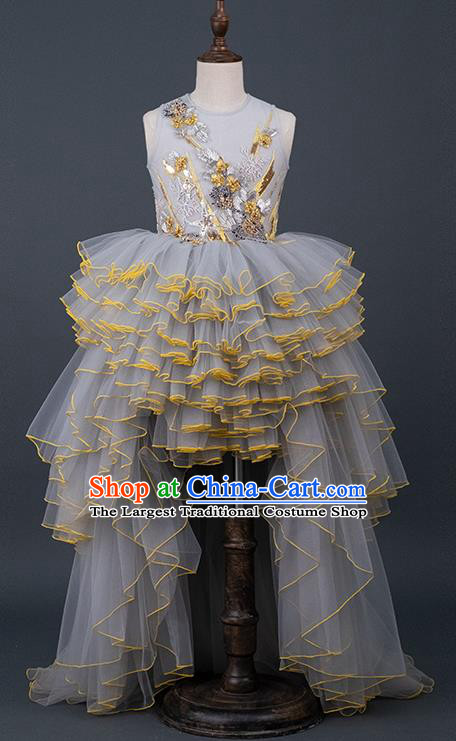 Professional Baroque Princess Fashion Children Catwalks Grey Veil Trailing Full Dress Girl Dance Garment Costume Stage Show Clothing