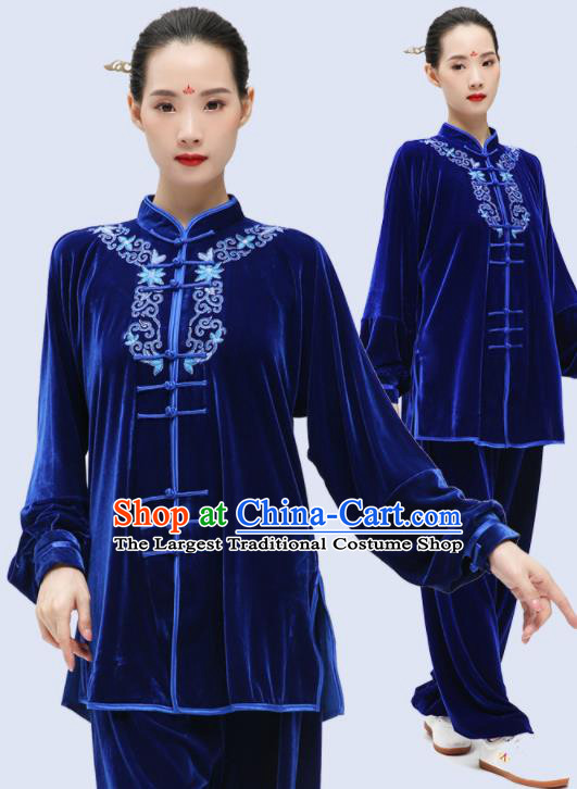 China Tai Chi Sword Clothing Kung Fu Embroidered Blue Pleuche Uniforms Martial Arts Competition Outfits Wushu Garment Costumes