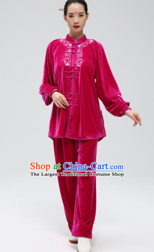 China Tai Chi Sword Clothing Kung Fu Embroidered Rosy Pleuche Uniforms Martial Arts Competition Outfits Wushu Garment Costumes