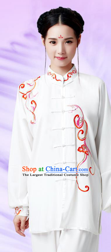 China Kung Fu Clothing Martial Arts Embroidered White Outfits Wushu Performance Costumes Tai Chi Training Uniforms