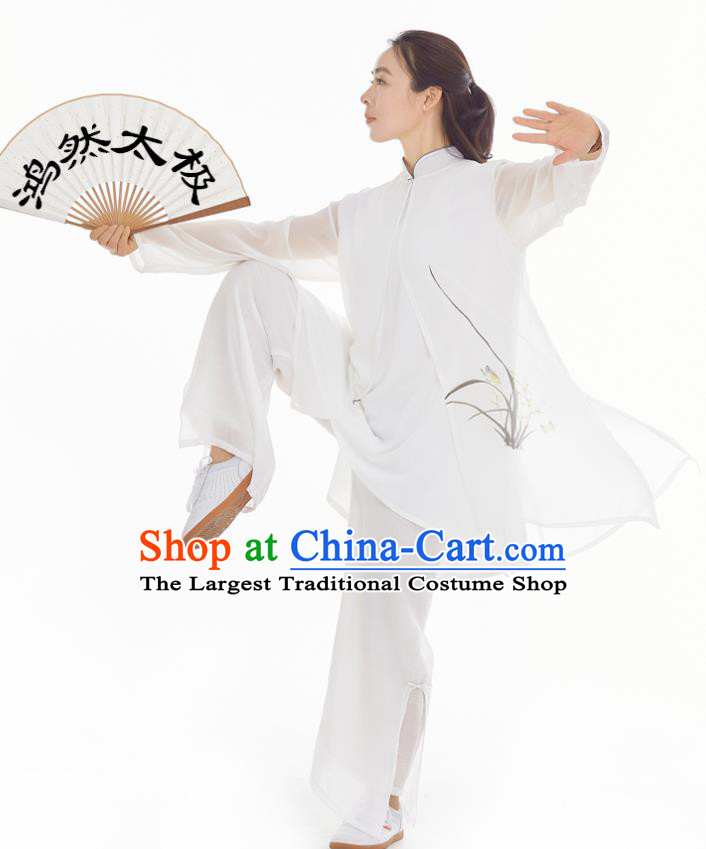 Professional Chinese Zen Clothing Kung Fu Training Ink Painting Orchids Uniforms Tai Chi Competition White Suits