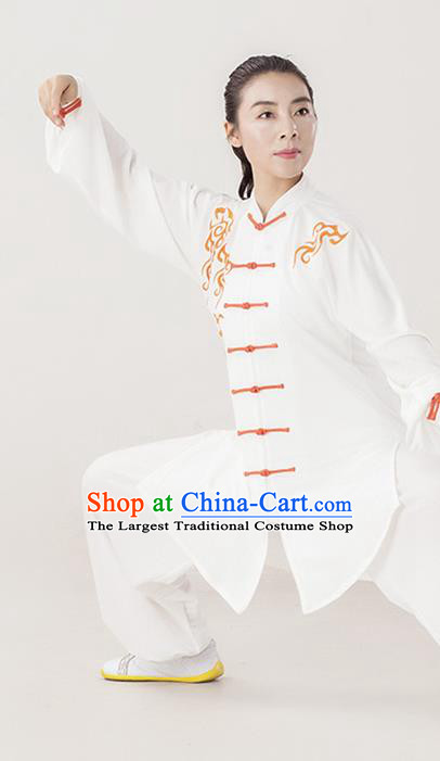 Professional Chinese Martial Arts Performance Clothing Kung Fu Training White Uniforms Tai Chi Competition Embroidered Clouds Suits