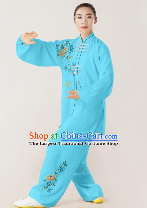 Professional Chinese Tai Chi Training Embroidered Peony Suits Martial Arts Competition Clothing Kung Fu Performance Blue Uniforms