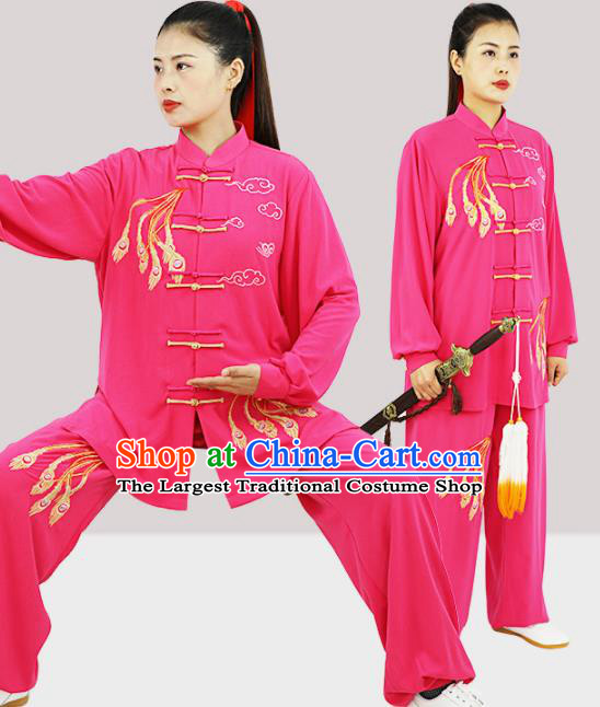 Professional Chinese Kung Fu Wushu Embroidered Phoenix Uniforms Tai Ji Competition Rosy Suits Martial Arts Performance Clothing Tai Chi Costumes