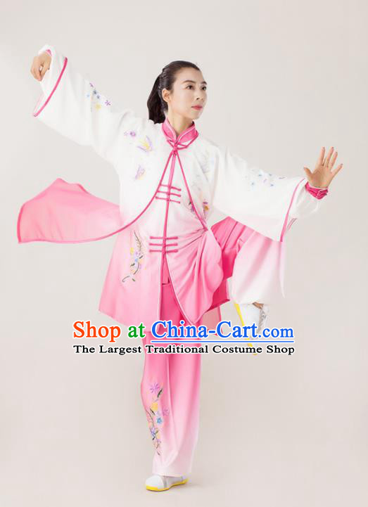 Professional Chinese Kung Fu Costumes Wushu Performance Embroidered Pink Uniforms Tai Chi Competition Three Pieces Suits Martial Arts Clothing