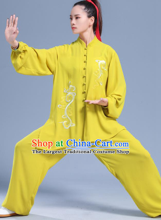 Professional Chinese Tai Ji Clothing Martial Arts Embroidered Yellow Outfits Tai Chi Performance Costumes Kung Fu Wushu Competition Uniforms