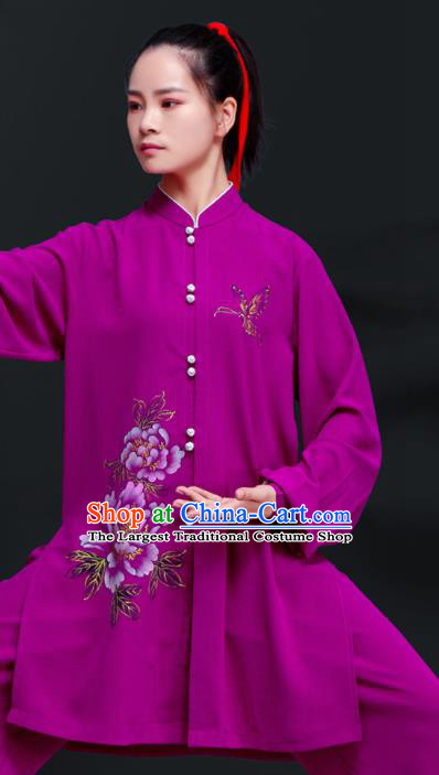 Professional Chinese Tai Ji Sword Performance Clothing Martial Arts Printing Peony Purple Outfits Tai Chi Training Costumes Kung Fu Uniforms