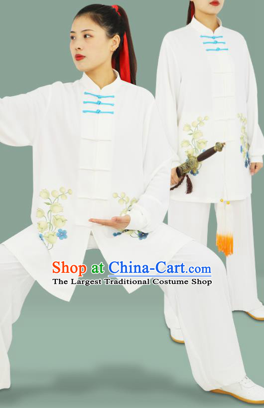 Professional Chinese Wushu Performance Printing Convallaria White Uniforms Tai Ji Competition Suits Martial Arts Clothing Kung Fu Tai Chi Costumes