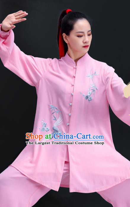 Professional Chinese Tai Ji Performance Costumes Tai Chi Training Uniforms Kung Fu Pink Outfits Martial Arts Embroidered Plum Clothing