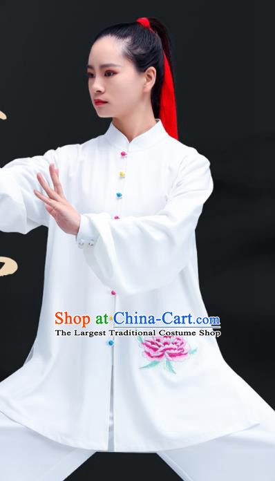 Professional Chinese Tai Chi Training White Uniforms Kung Fu Performance Outfits Martial Arts Embroidered Peony Clothing Zen Costumes