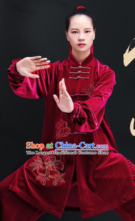 Professional Chinese Martial Arts Competition Clothing Tai Ji Sword Performance Costumes Tai Chi Training Uniforms Kung Fu Wine Red Pleuche Outfits