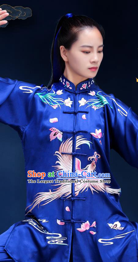 Chinese Tai Chi Uniforms Kung Fu Training Royalblue Silk Outfits Martial Arts Embroidered Phoenix Clothing Tai Ji Competition Costumes