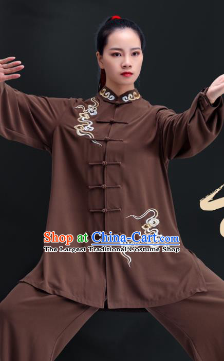 Professional Chinese Kung Fu Brown Outfits Martial Arts Embroidered Clouds Clothing Tai Ji Performance Costumes Tai Chi Training Uniforms