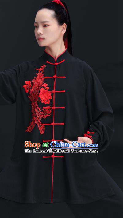 Chinese Kung Fu Black Outfits Martial Arts Embroidered Phoenix Peony Clothing Tai Ji Competition Costumes Tai Chi Training Uniforms