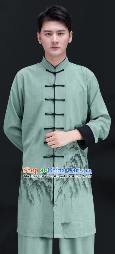 Chinese Kung Fu Painting Landscape Clothing Martial Arts Garment Costumes Tai Chi Training Green Uniforms for Men