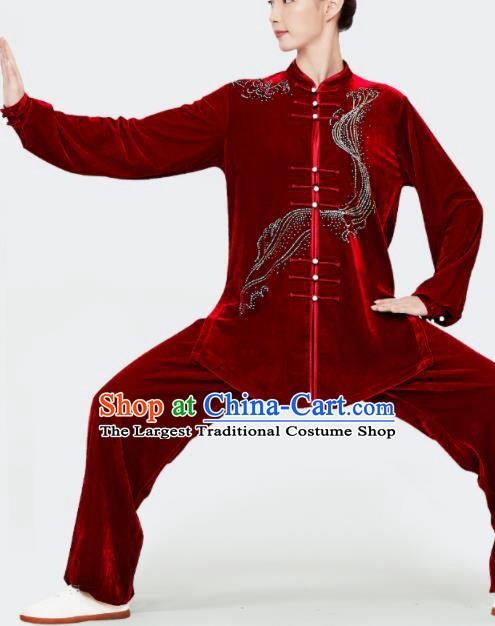 Chinese Martial Arts Clothing Kung Fu Garment Costumes Tai Chi Training Uniforms Wushu Competition Red Pleuche Outfits