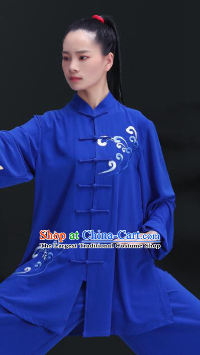 Chinese Martial Arts Embroidered Wave Clothing Tai Ji Competition Costumes Tai Chi Uniforms Kung Fu Training Royalblue Outfits