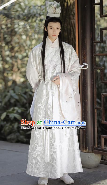 China Ming Dynasty Historical Garment Costumes Ancient Crown Prince White Hanfu Clothing