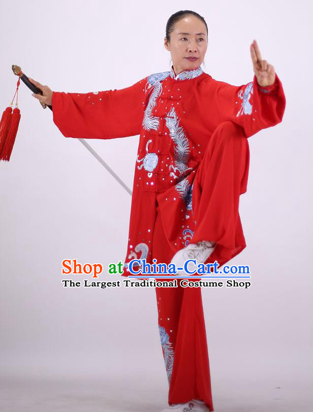 China Kung Fu Performance Costumes Tai Chi Uniforms Wushu Group Competition Clothing Martial Arts Embroidered Red Outfits