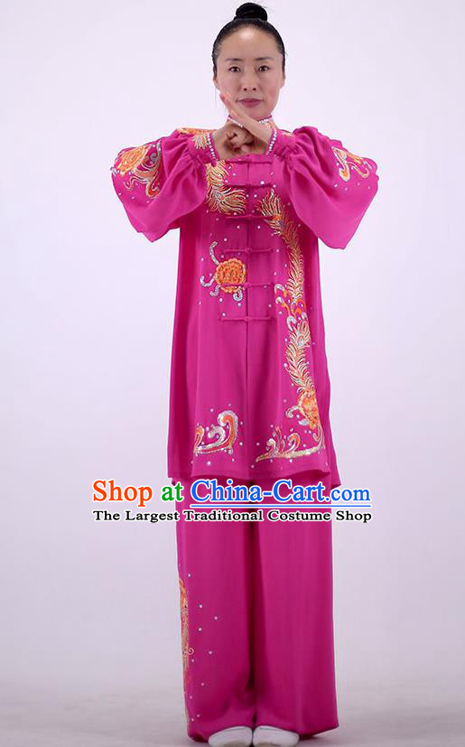 China Martial Arts Embroidered Rosy Outfits Kung Fu Performance Costumes Tai Chi Uniforms Wushu Group Competition Clothing