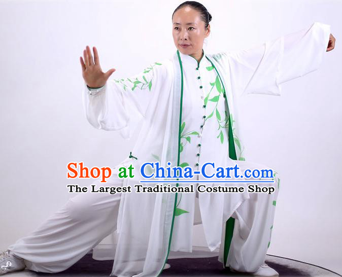 China Wushu Clothing Martial Arts Group Competition Outfits Kung Fu Costumes Tai Chi Performance Printing White Uniforms