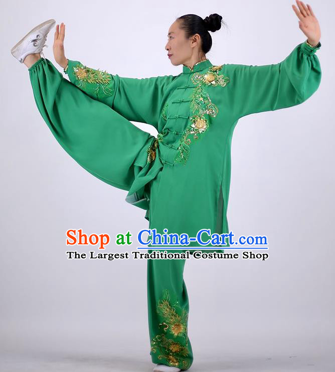 China Kung Fu Embroidered Costumes Tai Chi Performance Green Uniforms Wushu Competition Clothing Martial Arts Group Outfits