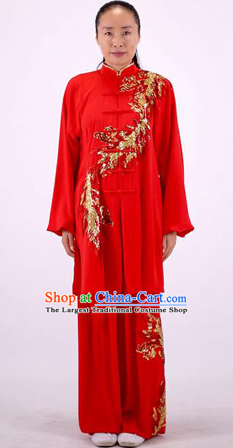 China Kung Fu Embroidered Phoenix Costumes Tai Chi Chuan Red Uniforms Martial Arts Group Competition Clothing Wushu Show Outfits