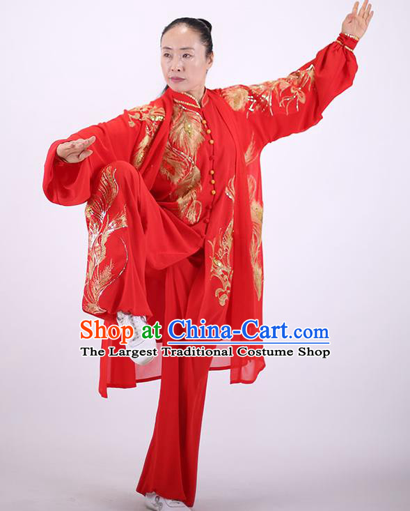 China Kung Fu Red Costumes Tai Chi Group Performance Uniforms Martial Arts Clothing Wushu Competition Outfits