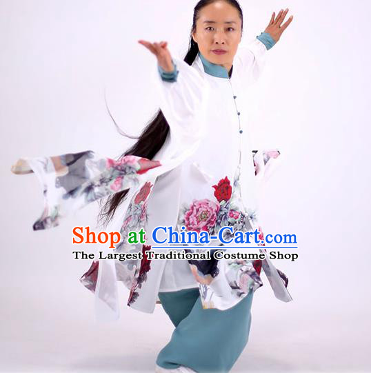 China Kung Fu Painting Peony Costumes Tai Chi Performance White Uniforms Martial Arts Clothing Tai Ji Wushu Competition Outfits