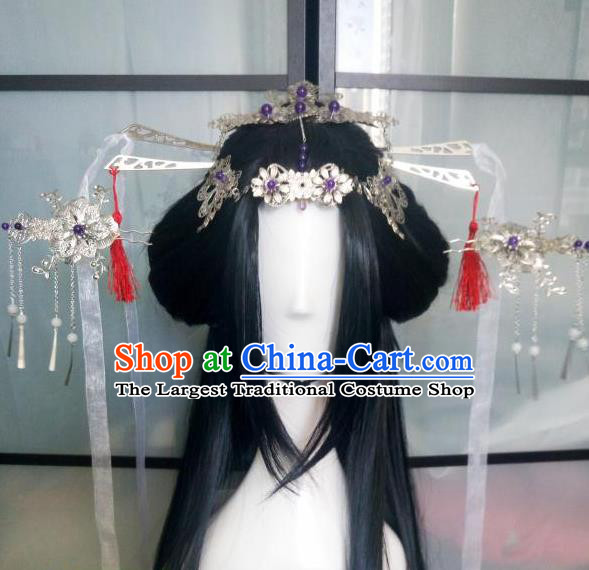 China Ancient Goddess Black Wigs Traditional Drama The Journey of Flower Hanfu Chignon Hairpieces Cosplay Swordswoman Hua Qiangu Wig Sheath