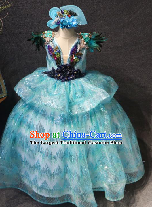 Top Children Stage Show Embroidered Sequins Clothing Girls Compere Formal Evening Wear Costume Girl Catwalks Blue Long Dress