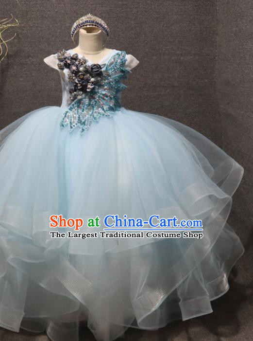 Top Girls Compere Formal Evening Wear Girl Catwalks Blue Veil Long Dress Children Stage Show Embroidered Sequins Clothing