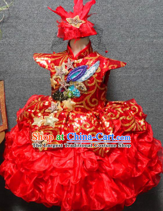 Top Christmas Formal Evening Wear Children Day Performance Clothing Girl Chorus Garment Catwalks Red Sequins Flower Dress