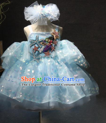 Top Children Stage Show Embroidered Starfish Clothing Girls Compere Formal Evening Wear Girl Catwalks Blue Bubble Dress