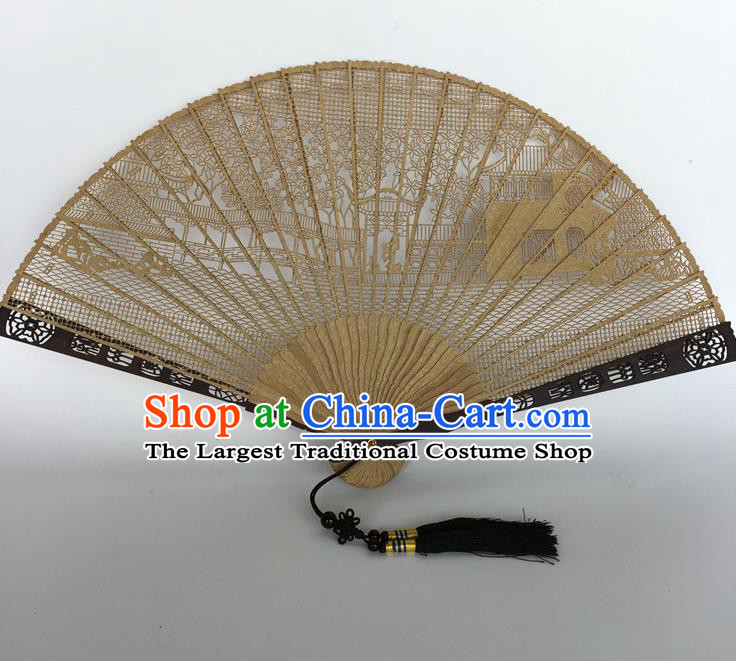 Handmade Chinese Sandalwood Hollow Out Folding Fan Ancient Swordsman Fan Carving Suzhou Garden Accordion Craft Fans