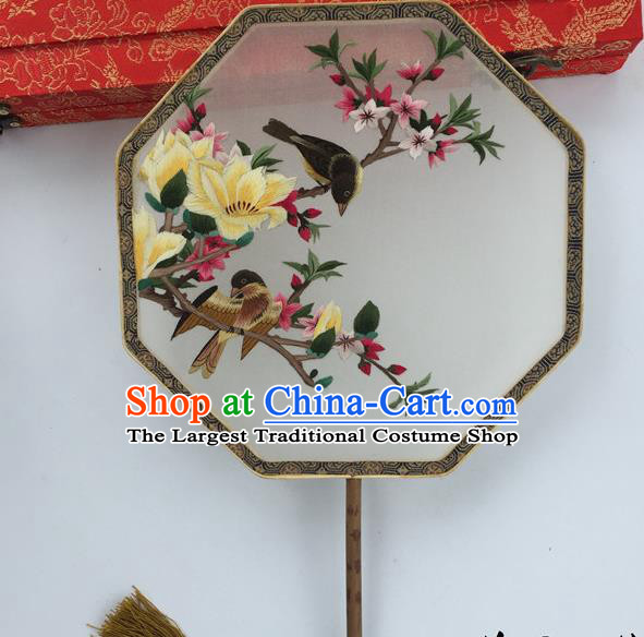 China Vintage Palace Fan Handmade Suzhou Embroidery Mangnolia Fan Ancient Hanfu Octagon Fans Traditional Cultural Dance Silk Fan