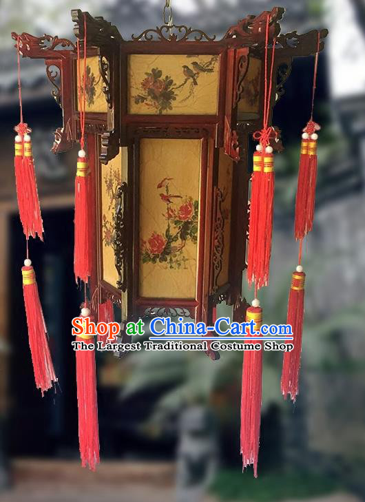 China Vintage Painting Peony Birds Palace Lantern Traditional Festival Light Lamp Handmade Wood Hanging Lantern Classical Hexagon Lanterns