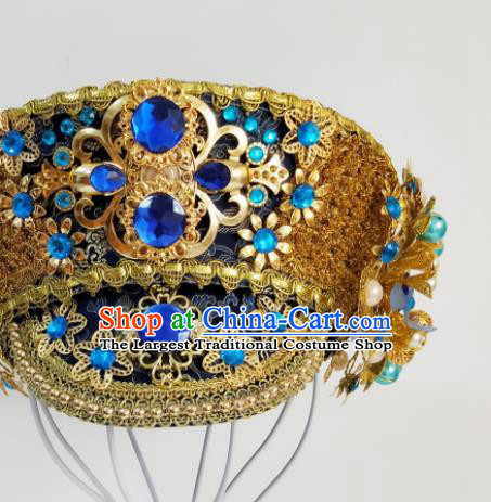 China Ancient Manchu Queen Golden Hair Crown Traditional Drama Court Hair Accessories Qing Dynasty Imperial Empress Hat Headdress