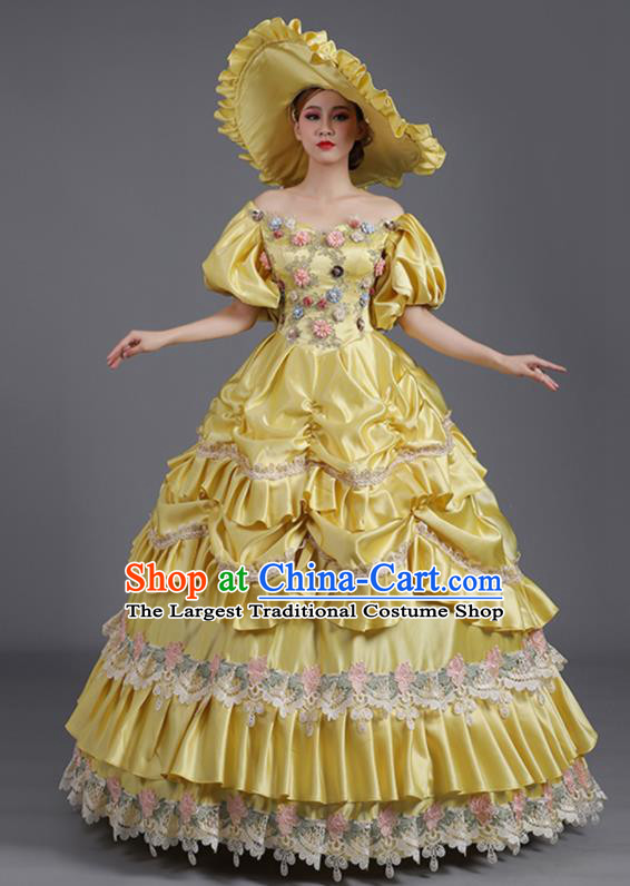 Custom Western Style Clothes Europe Vintage Garment Costume Stage Performance Fashion European Royal Princess Yellow Full Dress