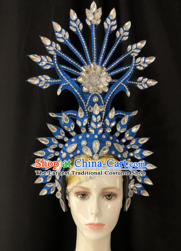 Handmade Halloween Deluxe Blue Hat Brazil Carnival Giant Headpiece Samba Dance Royal Crown Stage Show Hair Accessories