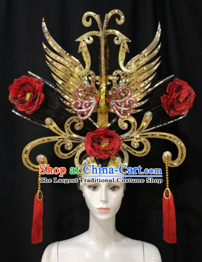 Handmade Cosplay Queen Giant Phoenix Coronet Brazil Carnival Deluxe Headpiece Samba Dance Golden Royal Crown Halloween Performance Hair Accessories