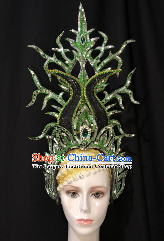 Handmade Brazil Carnival Deluxe Headpiece Samba Dance Green Royal Crown Halloween Hair Accessories Cosplay Show Giant Hat