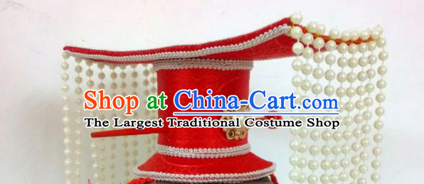 China Ancient Queen Tassel Hair Crown Traditional Drama Palace Hair Accessories Tang Dynasty Empress Wu Zetian Red Hat Headdress