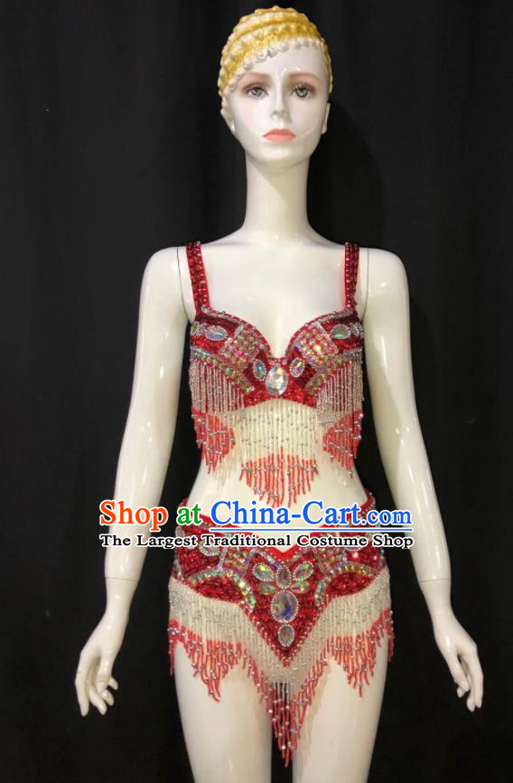 Custom Woman Catwalks Swimwear Samba Dance Red Uniforms Brazilian Carnival Parade Costumes Opening Performance Clothing