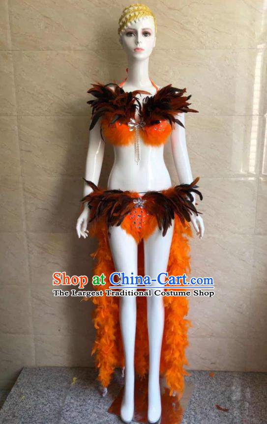 Custom Samba Dance Costumes Brazilian Carnival Uniforms Party Show Clothing Woman Catwalks Orange Feather Swimwear