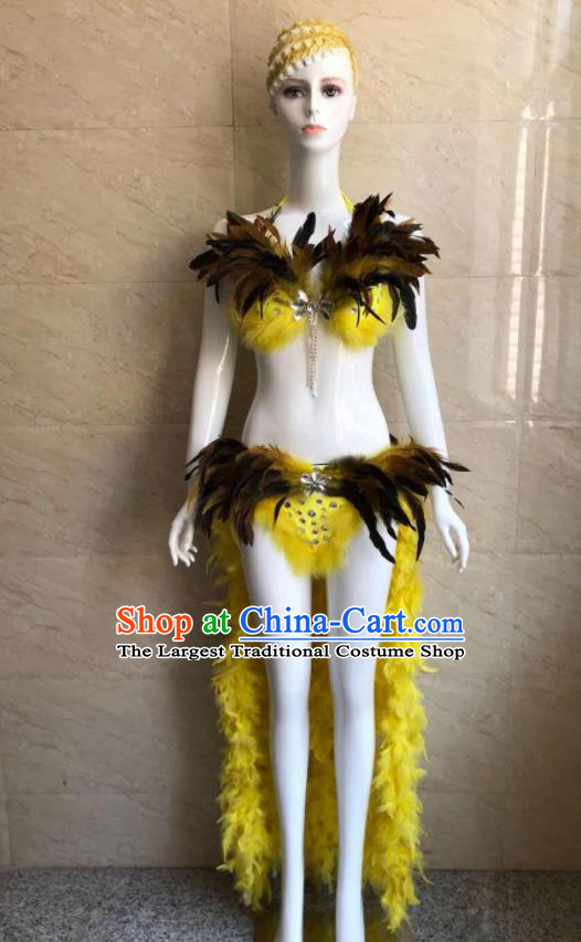 Custom Brazilian Carnival Uniforms Stage Show Clothing Woman Catwalks Yellow Feather Swimsuit Samba Dance Swimwear