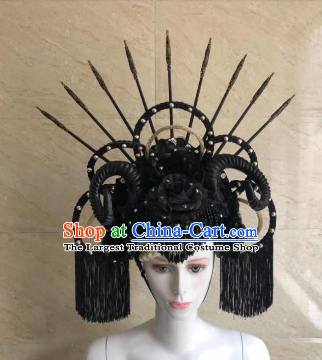 Handmade Rio Carnival Headdress Black Tassel Royal Crown Halloween Cosplay Hair Accessories Opening Dance Headpiece