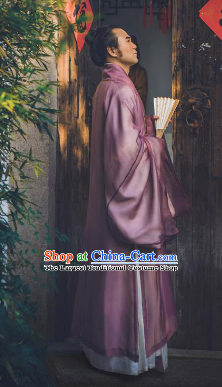 China Traditional Hanfu Cloak Garment Ancient Ming Dynasty Young Male Historical Clothing Purple Silk Mantle